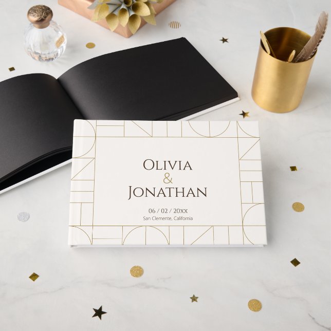 Libro De Visitas Modern Gold Ornaments Cream Wedding (Anverso Abierto)