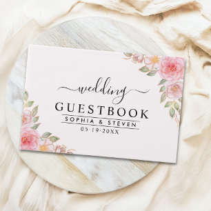 Libro De Visitas Modern Pink Floral Wedding Party with Golden Touch