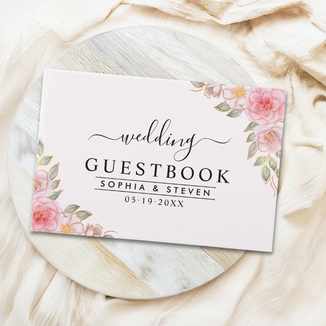Libro De Visitas Modern Pink Floral Wedding Party with Golden Touch (Subido por el creador)