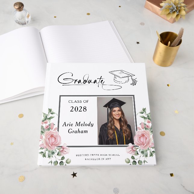 Libro De Visitas Modern Pink Roses Graduation 2 Photo (Anverso Abierto)
