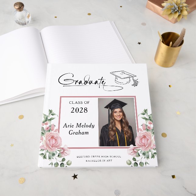 Libro De Visitas Modern Pink Roses Graduation 2 Photo (Anverso Abierto)