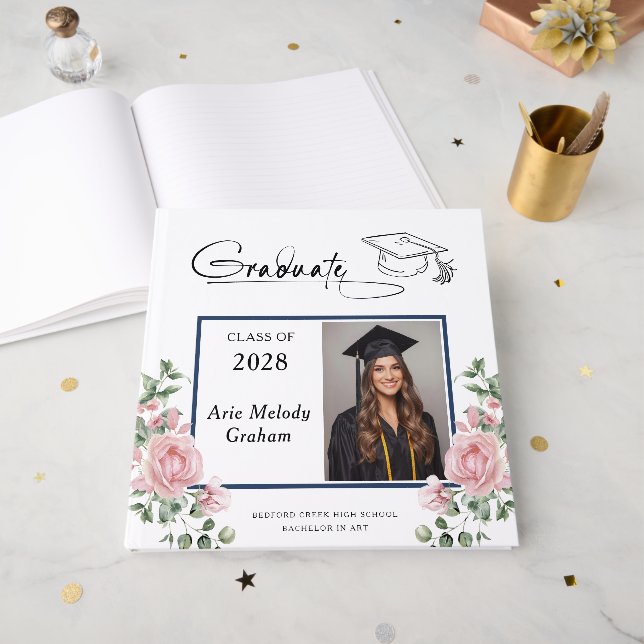 Libro De Visitas Modern Pink Roses Graduation 2 Photo (Anverso Abierto)