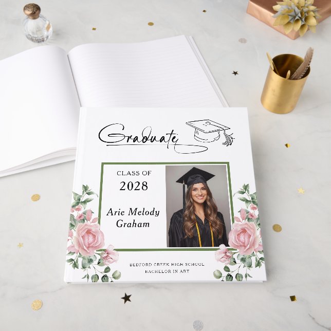 Libro De Visitas Modern Pink Roses Graduation 2 Photo (Anverso Abierto)
