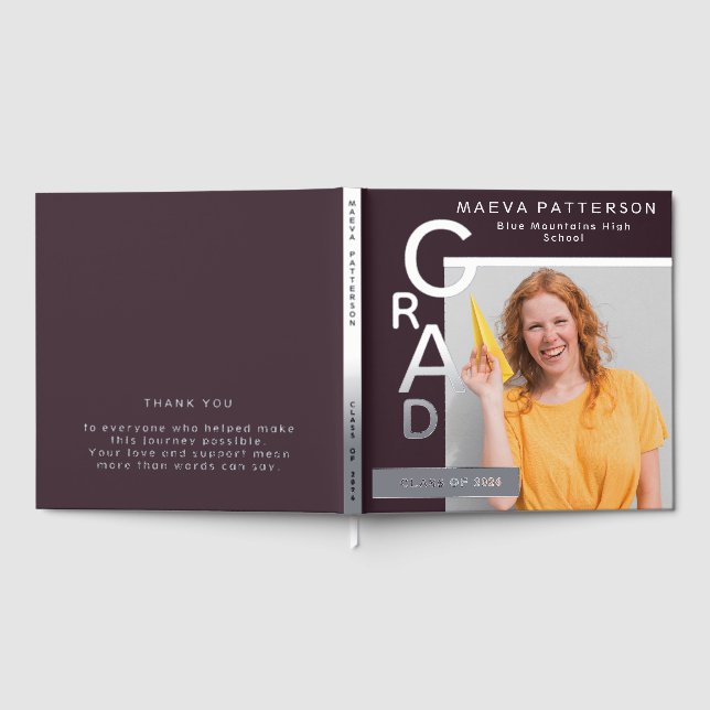 Libro De Visitas Modern Plum Graduation Photo Silver (Lleno)