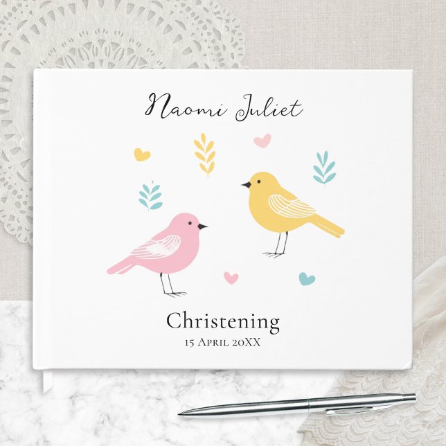 Libro De Visitas Modern Scandi Pastel Birds Baby Girl Christening (A pretty guest book for baby's Christening, with modern pastel birds design and custom name and date)