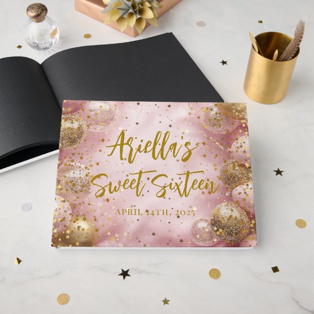 Libro De Visitas Modern sweet 16 pink gold balloons (Anverso Abierto)