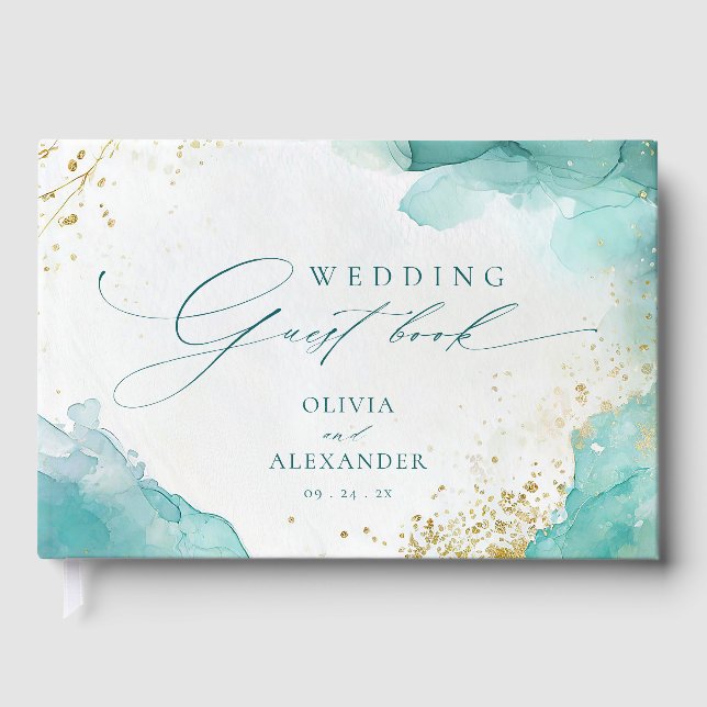 Libro De Visitas Modern Teal Gold Abstract Beach Wedding (Anverso)