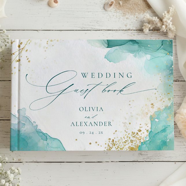Libro De Visitas Modern Teal Gold Abstract Beach Wedding (Subido por el creador)