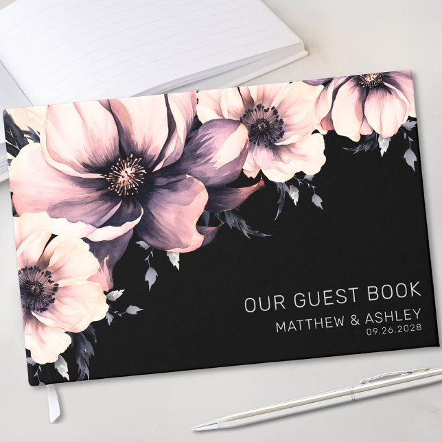 Libro De Visitas Moderno Boda elegante de flores rosadas (Modern Elegant Pink Floral Wedding Guest Book )
