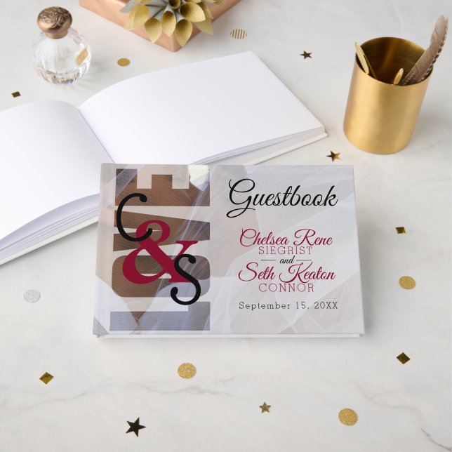 Libro De Visitas Moderno Day Love - Red Maroon Boda Guestbook (Anverso Abierto)