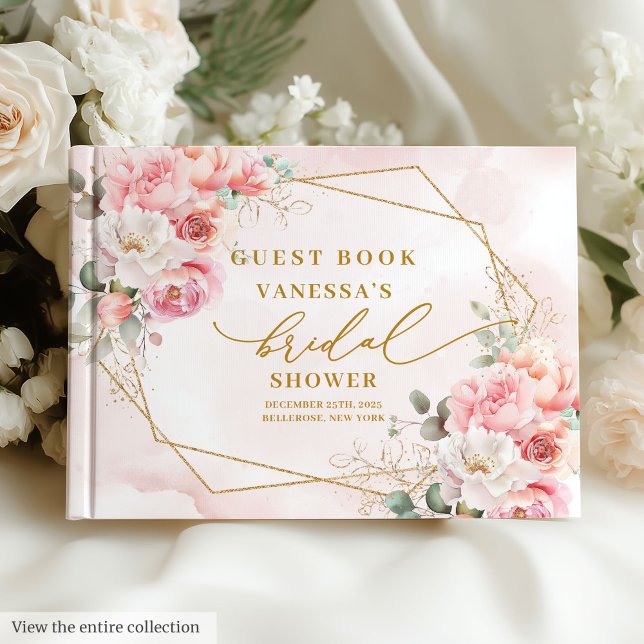 Libro De Visitas Moderno Desayuno Nupcial Floral Rosa Dorado Boho (Modern Boho Blush Pink Gold Floral Bridal Shower Guest Book)