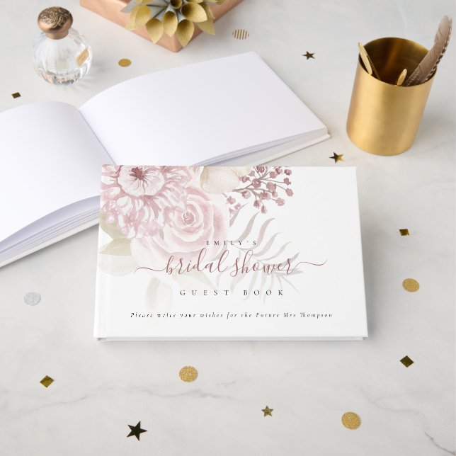 Libro De Visitas Moderno Dusty Pink Florals Bridal Shower Guest Boo (Anverso Abierto)