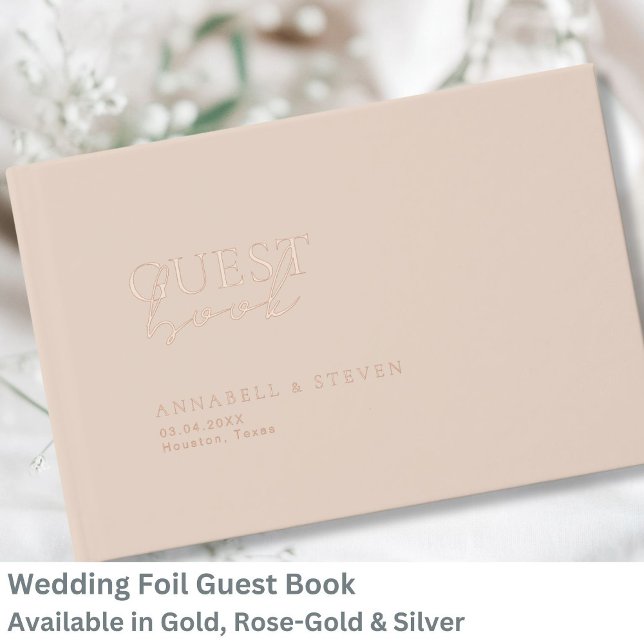 Libro De Visitas Moderno, minimalista, beige-marrón, Boda (Modern, Minimal, Beige-Brown, Wedding Foil Guest Book with your names and date.)