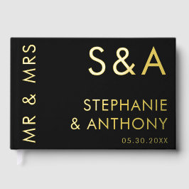 Libro De Visitas Moderno Monograma Minimalista Boda negro y oro