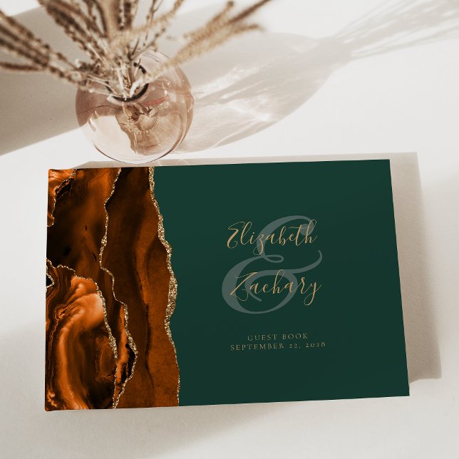 Libro De Visitas Moderno Naranja quemado Agate Gold Script Verde (Subido por el creador)