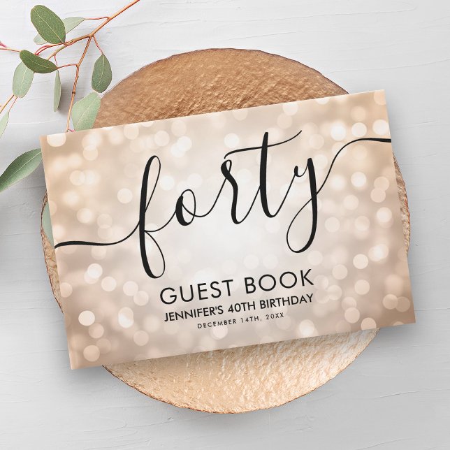 Libro De Visitas Moderno Rosa Oro Purpurina Luces 40 cumpleaños (Modern Rose Gold Glitter Lights 40th Birthday Guest Book)