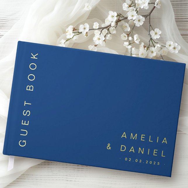 Libro De Visitas Modernos bodas marrones oscuros nombres de fecha R (Modern dark blue brown wedding names date foil guest book)
