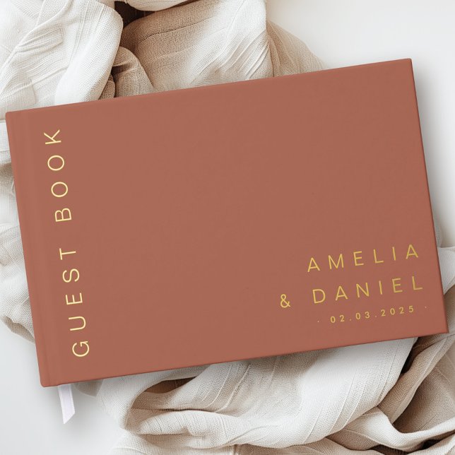 Libro De Visitas Modernos nombres de bodas marrones de terracota Re (Modern terracotta brown wedding names date foil guest book)