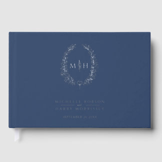 Libro De Visitas Monogram oval leaves blue silver wedding