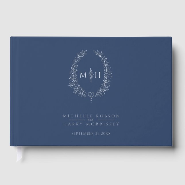 Libro De Visitas Monogram oval leaves blue silver wedding  (Anverso)