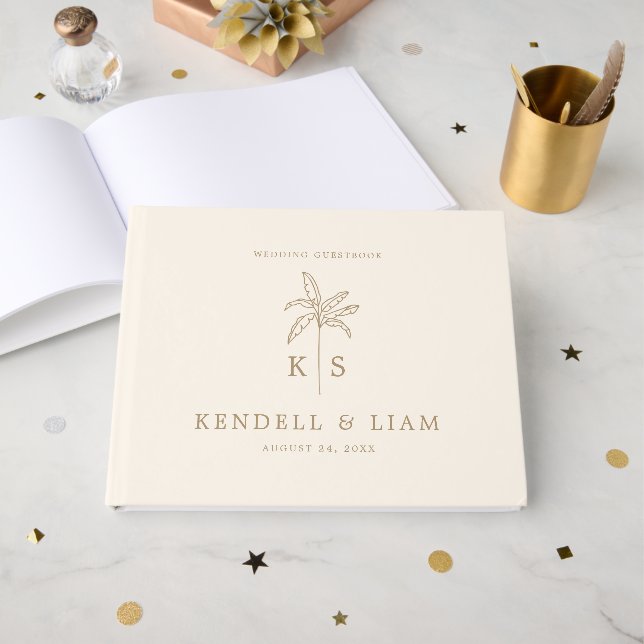 Libro De Visitas Monogram Wedding Logo Palm Tree Guestbook (Anverso Abierto)