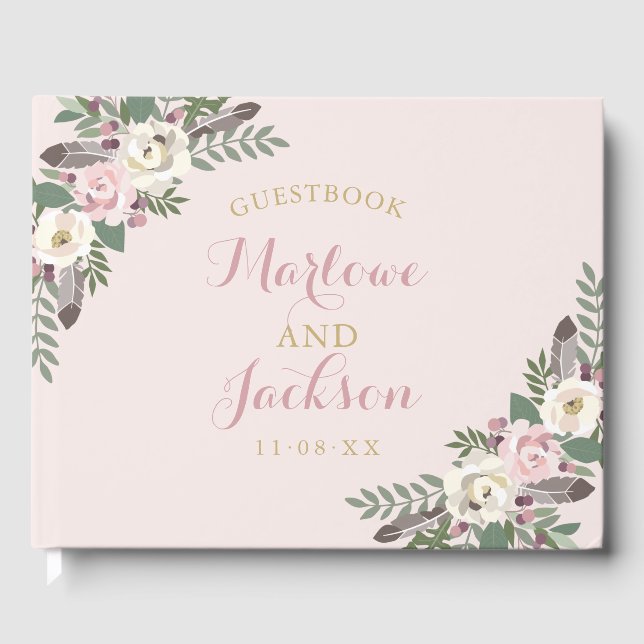 Libro De Visitas Monograma de boda floral boho rosa (Anverso)