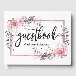 Libro De Visitas Monograma de Boda floral con marco de oro para Rub