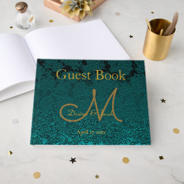 Libro De Visitas Monograma de boda floral dorado turquesa oscuro de