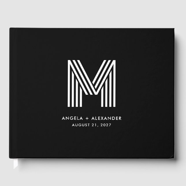 Libro De Visitas Monograma del Boda retro negro y blanco (Anverso)