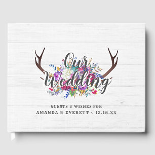 Libro De Visitas Monograma del Boda Rústico Floral Deer Antler Bouq