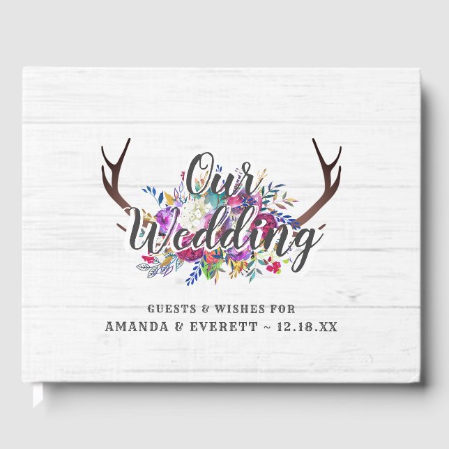 Libro De Visitas Monograma del Boda Rústico Floral Deer Antler Bouq (Anverso)