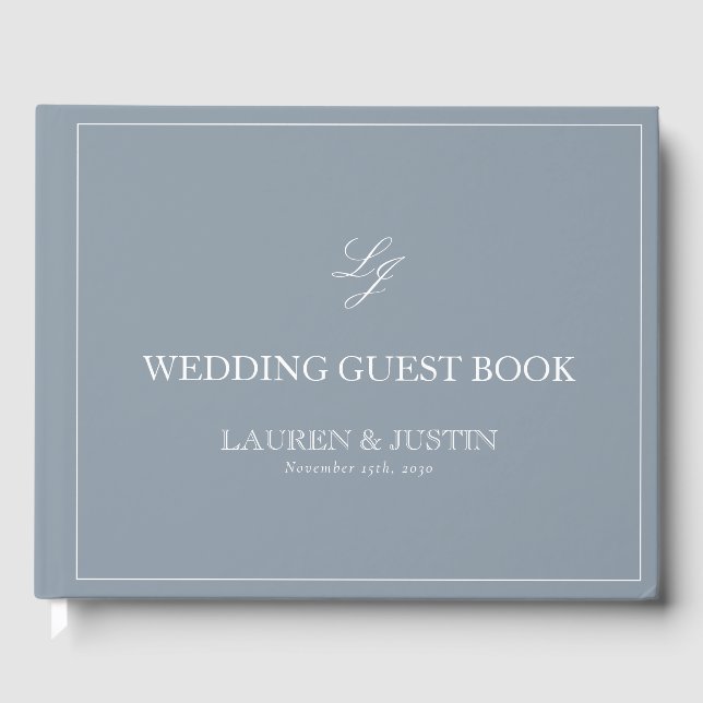 Libro De Visitas Monograma Dusty Blue Elegant Calligraphy Boda (Anverso)