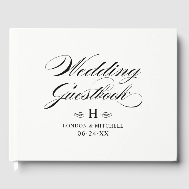 Libro De Visitas Monograma elegante Boda de caligrafía blanca negra (Anverso)