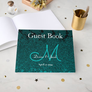 Libro De Visitas Monograma elegante de boda turquesa blanco turques