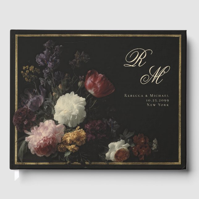 Libro De Visitas Monograma Flores negras románticas (Anverso)