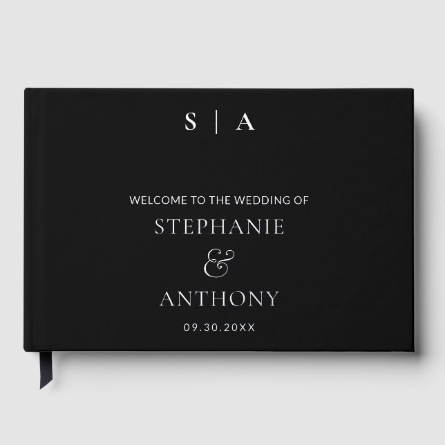 Libro De Visitas Monograma mínimo moderno Boda negro y plateado (Anverso)