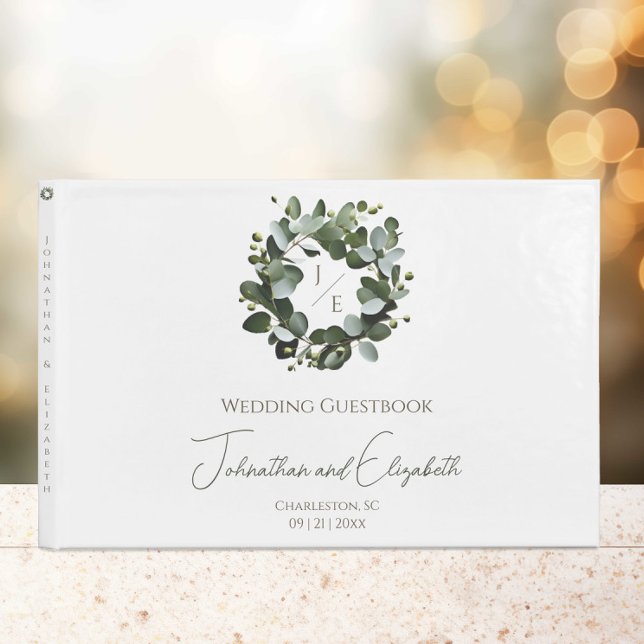 Libro De Visitas Monograma moderno Eucalyptus Wreath Boda | Blanca (White Modern Monogram Eucalyptus Wreath Wedding Guestbook)