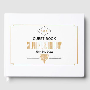 Libro De Visitas Monograma negro, oro y Boda Art Deco blanco