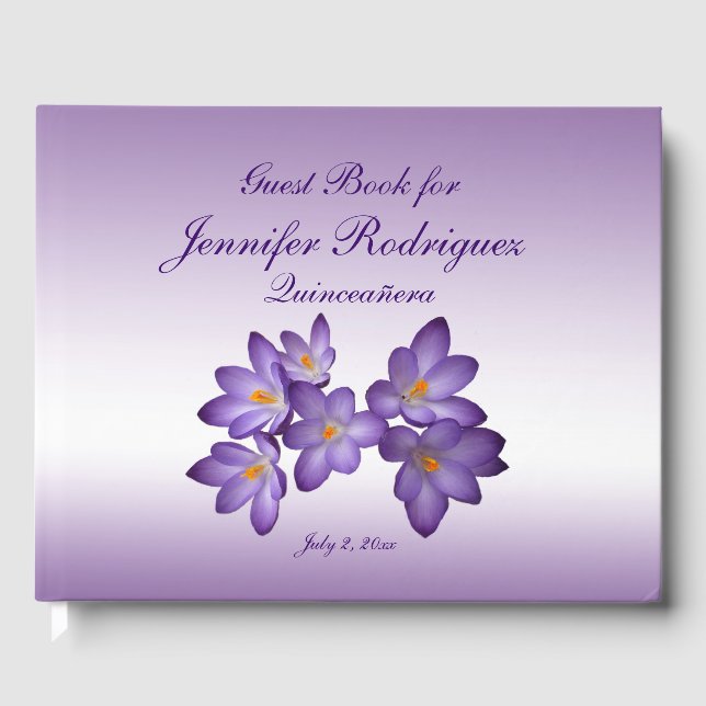 Libro De Visitas Morado Flor de Crocus Flor Quinceañera Invitado (Anverso)
