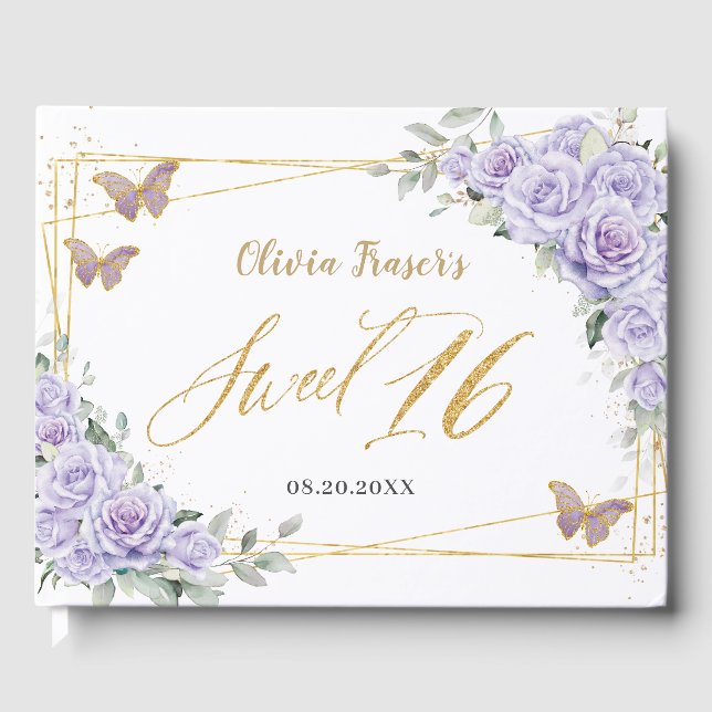 Libro De Visitas Morado Lilac Floral Butterflies Gold Sweet Diecisé (Anverso)
