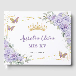 Libro De Visitas Morado Lilac Floral Butterflies Oro QUINCEAÑERA