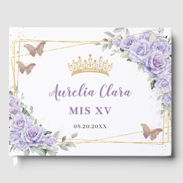 Libro De Visitas Morado Lilac Floral Butterflies Oro QUINCEAÑERA (Anverso)