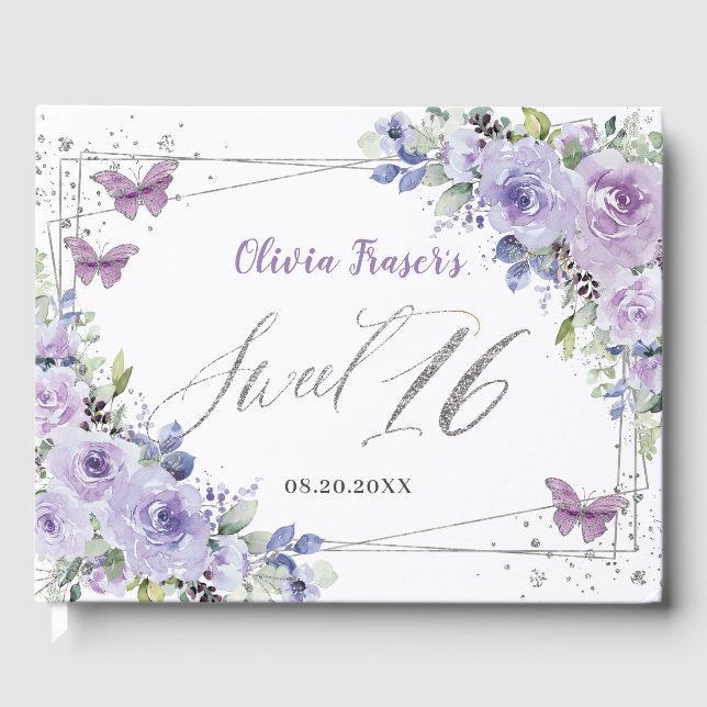 Libro De Visitas Morado Lilac Floral Butterflies Plata Dulce 16 (Anverso)