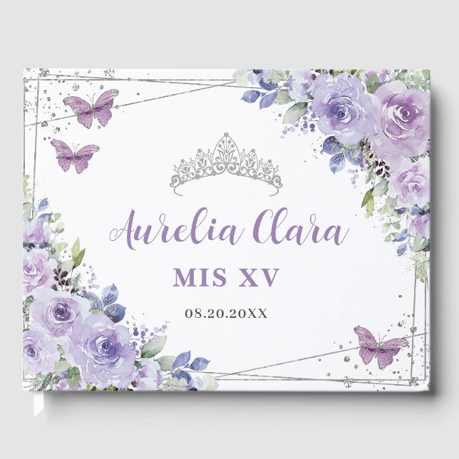 Libro De Visitas Morado Lilac Floral Butterflies Plata QUINCEAÑERA (Anverso)