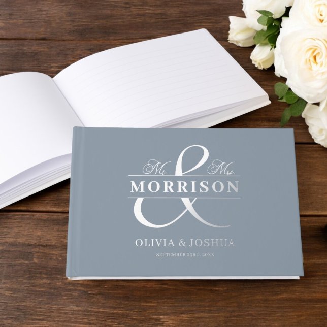 Libro De Visitas Mr. Mrs. Photo Dusty Blue Elegant Wedding Silver (Subido por el creador)
