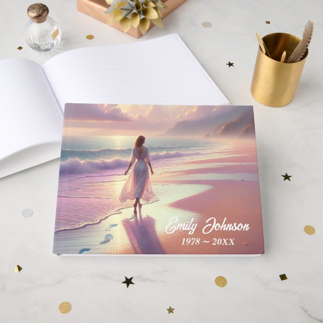 Libro De Visitas Mujer dejando huellas en una playa (Anverso Abierto)