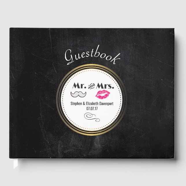 Libro De Visitas Mustache & Lips Mr. y Sra. Black & Gold Boda (Anverso)