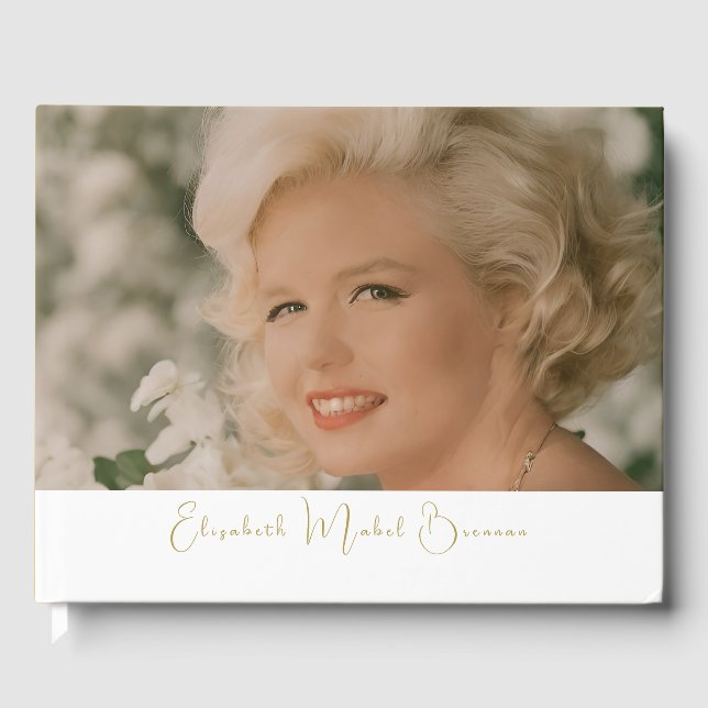 Libro De Visitas Nacimiento Hito simple foto blanco elegante (Anverso)