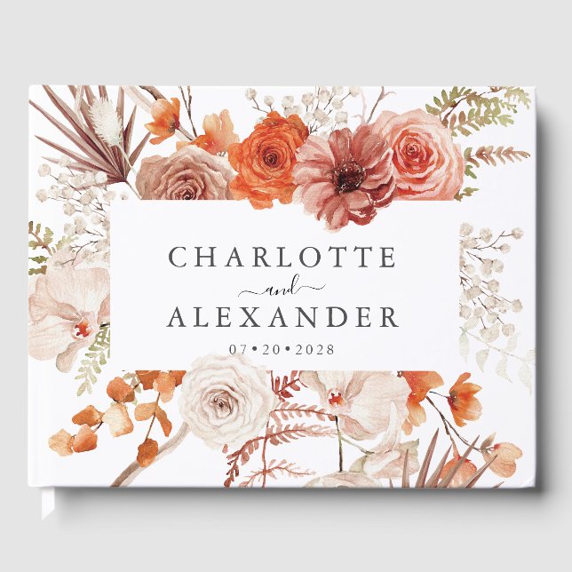 Libro De Visitas Naranja de roya Terracotta Boda de acuarela floral (Anverso)