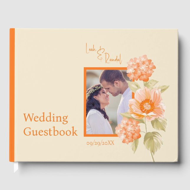 Libro De Visitas Naranja Floral Boda Guestbook (Anverso)